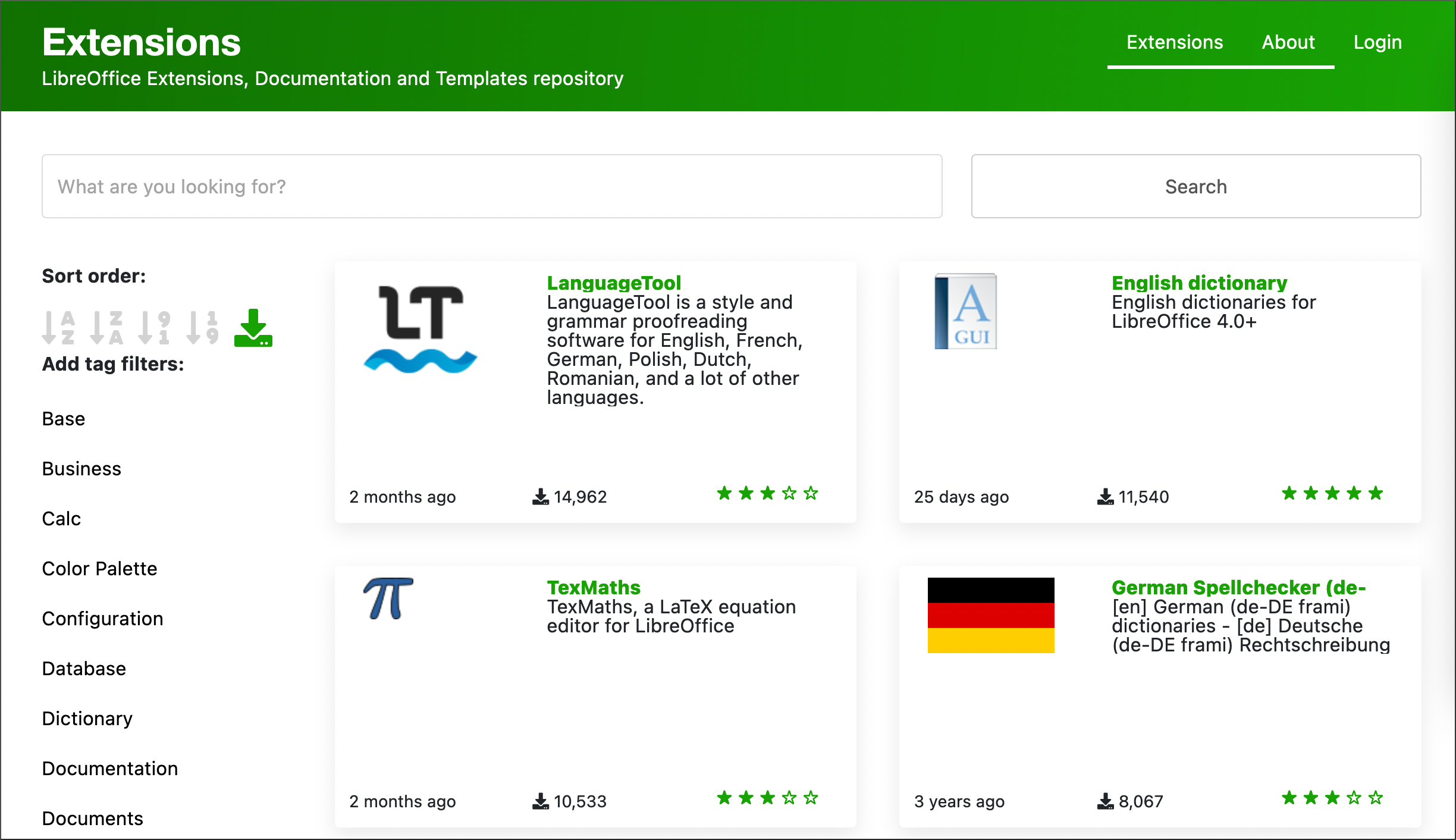 Screenshot of LibreOffice extensions and template website