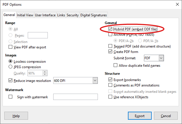 Screenshot of PDF export dialog box