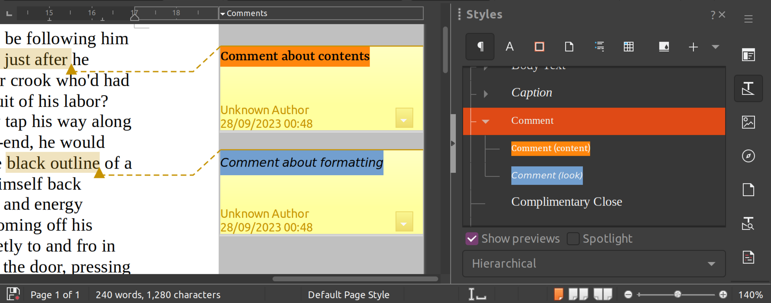 LibreOffice comment styles