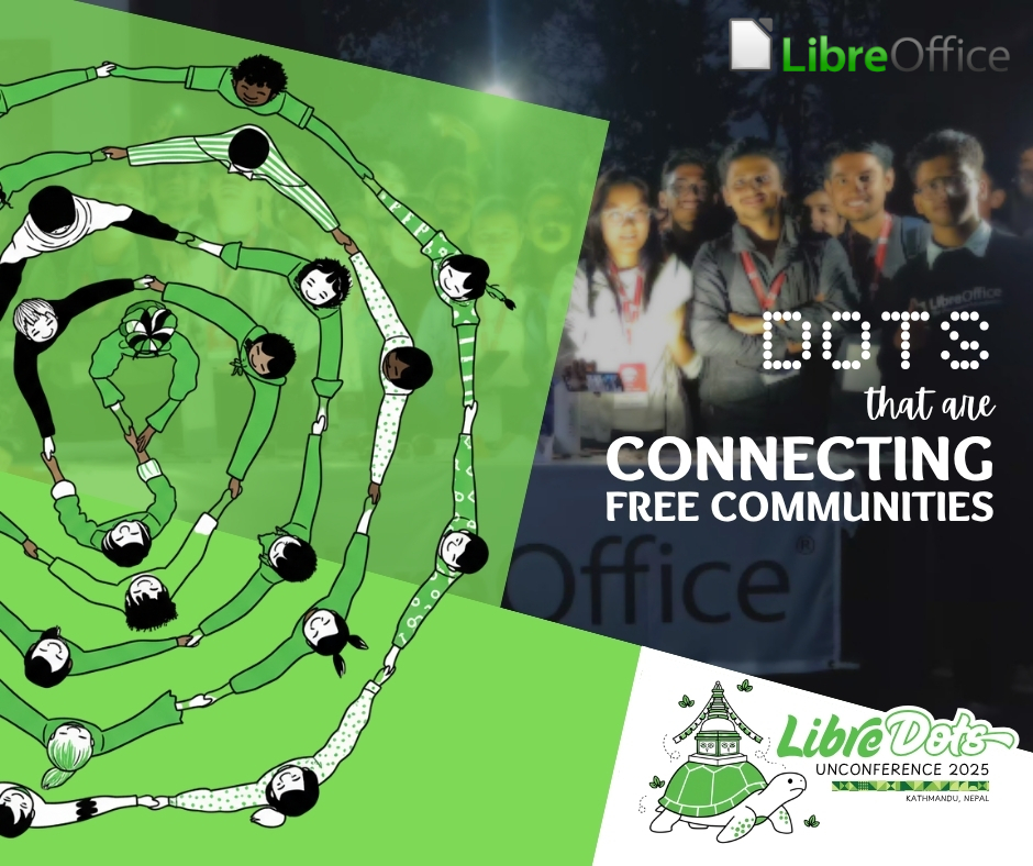 Picture of community members at LibreOffice event in Nepal, and the sentence: Dots that are connecting free communities