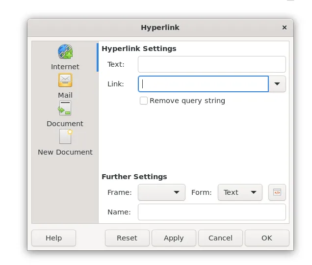 LibreOffice hyperlink dialog box