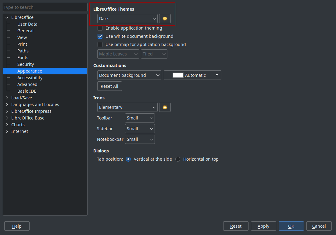 Screenshot of LibreOffice's Appearance preferences