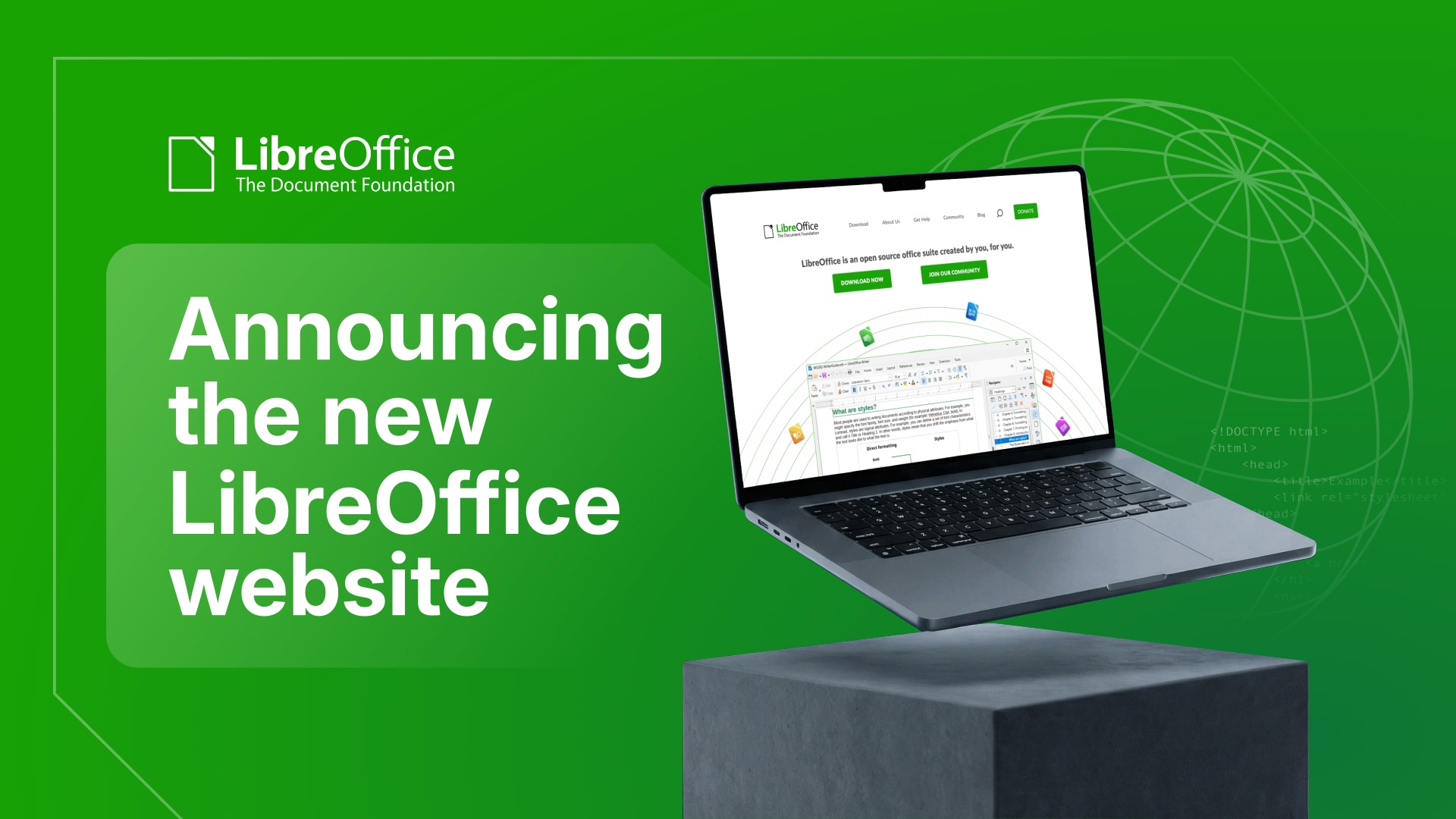 LibreOffice logo, laptop and globe