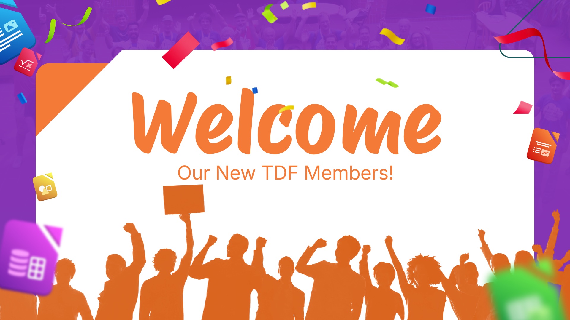 Welcome banner, with people celebrating